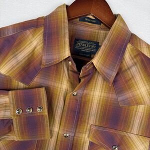 Pendleton Frontier Western Shirt Mens M Brown Plaid Pearl Snap Long Sleeve
